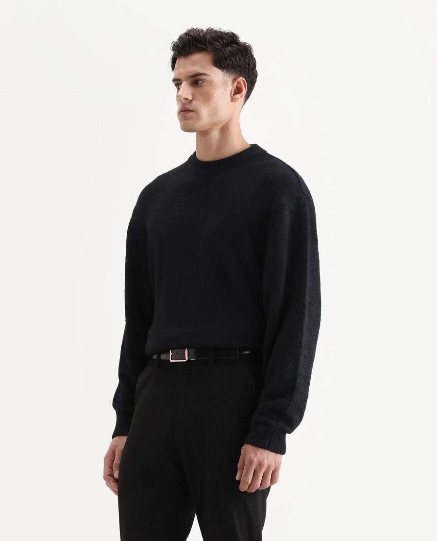 Rare Rabbit Men's Zeo-1 Black Nylon Plain Regular Fit Full Sleeve Crew Neck Sweater