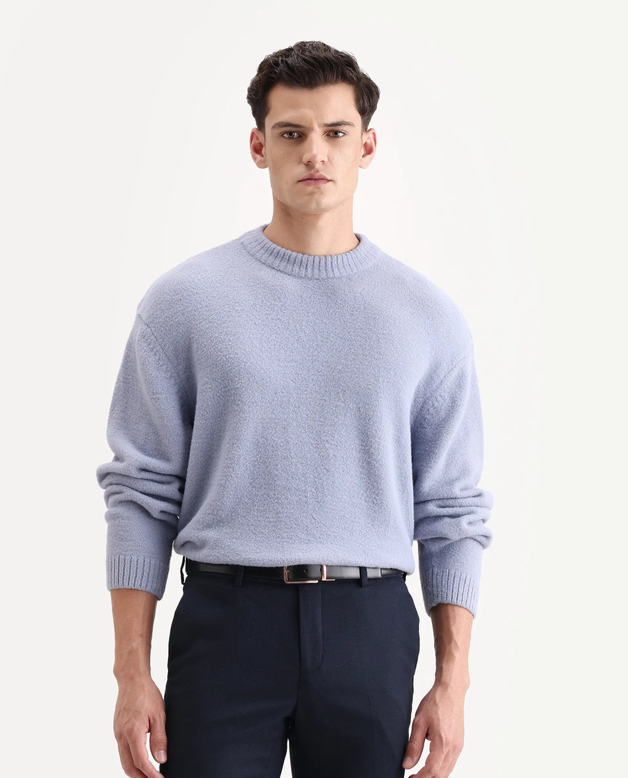 Rare Rabbit Men's Zeo 1 Light Grey Nylon Plain Regular Fit Full Sleeve Crew Neck Sweater