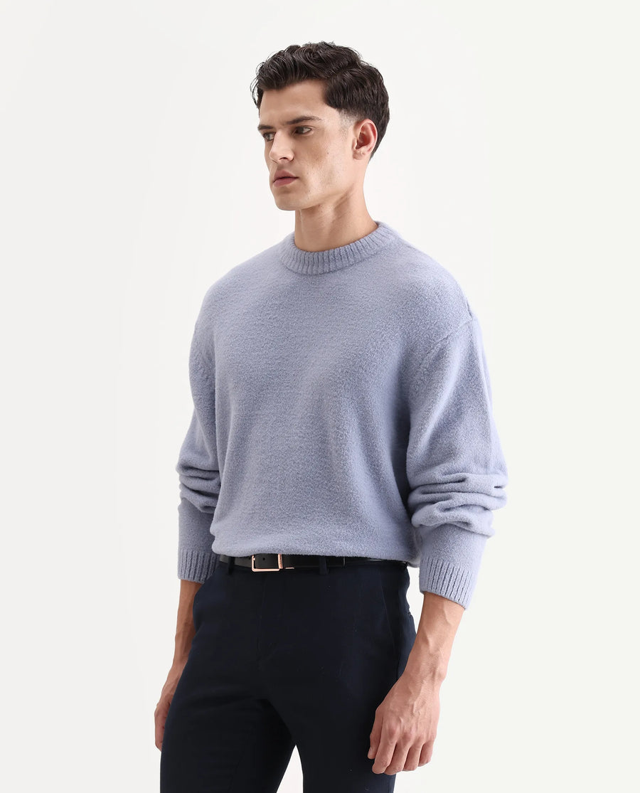 Rare Rabbit Men's Zeo 1 Light Grey Nylon Plain Regular Fit Full Sleeve Crew Neck Sweater