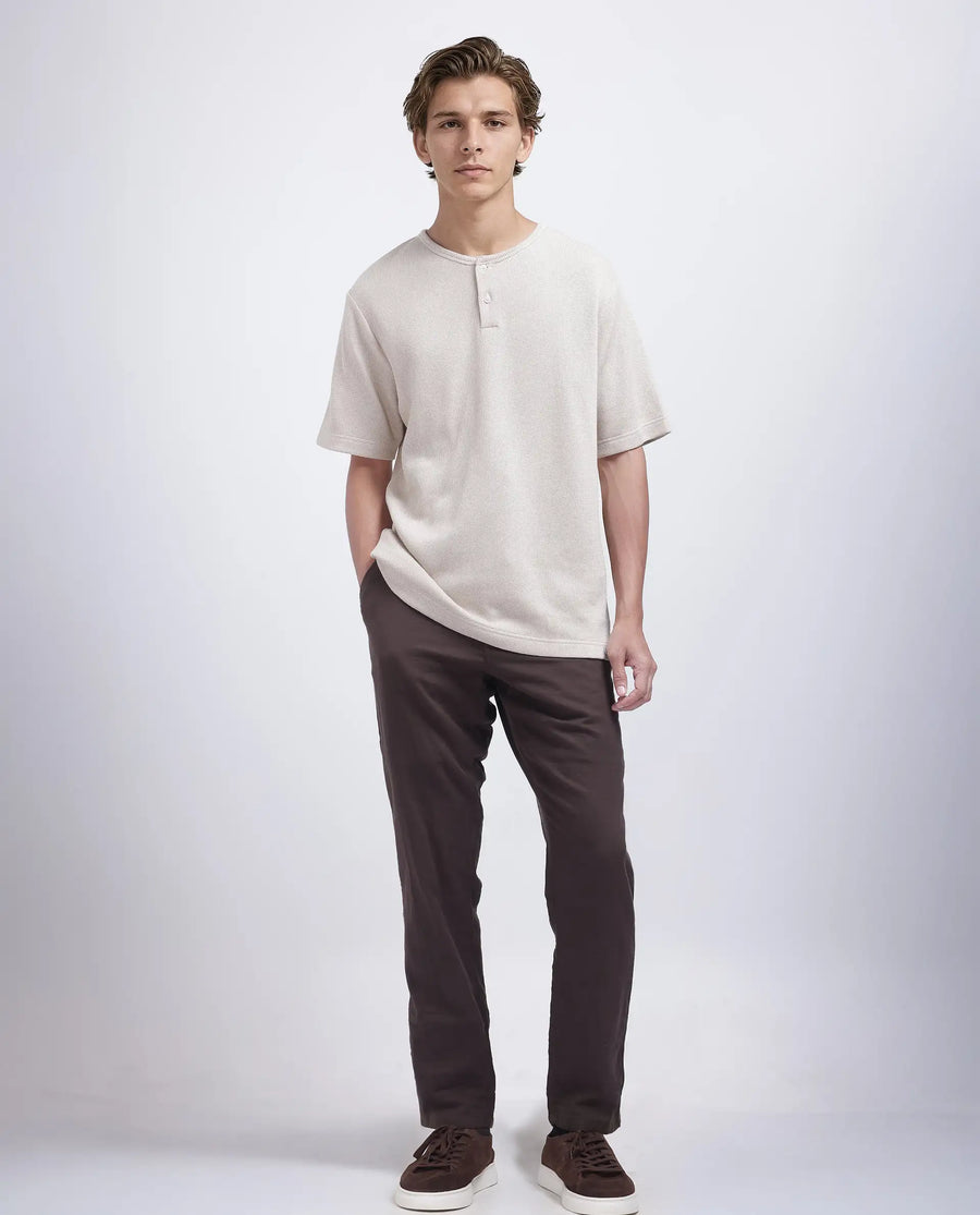 Rare Rabbit Men's Zeph Beige Polyester Blend Textured Boxy Fit Half Sleeve Henley Neck T-Shirt