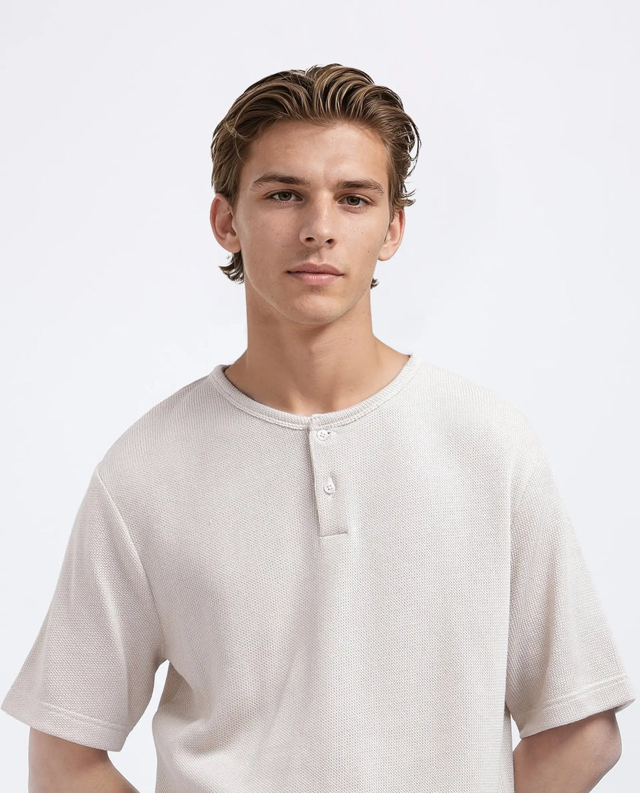 Rare Rabbit Men's Zeph Beige Polyester Blend Textured Boxy Fit Half Sleeve Henley Neck T-Shirt