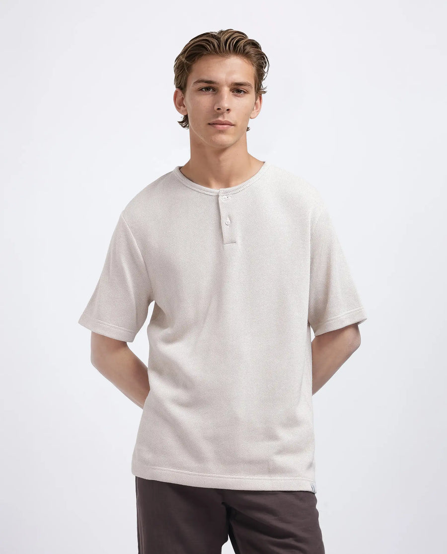 Rare Rabbit Men's Zeph Beige Polyester Blend Textured Boxy Fit Half Sleeve Henley Neck T-Shirt