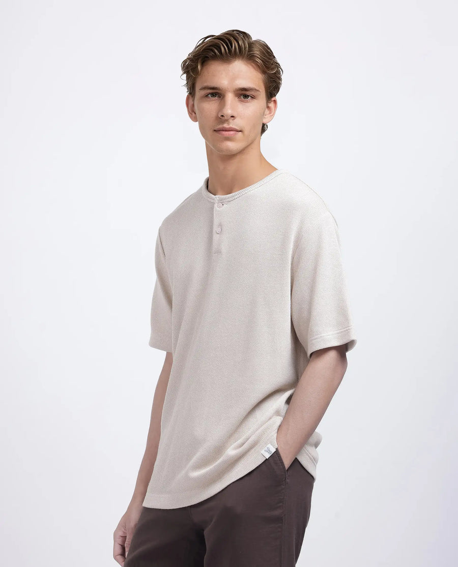 Rare Rabbit Men's Zeph Beige Polyester Blend Textured Boxy Fit Half Sleeve Henley Neck T-Shirt