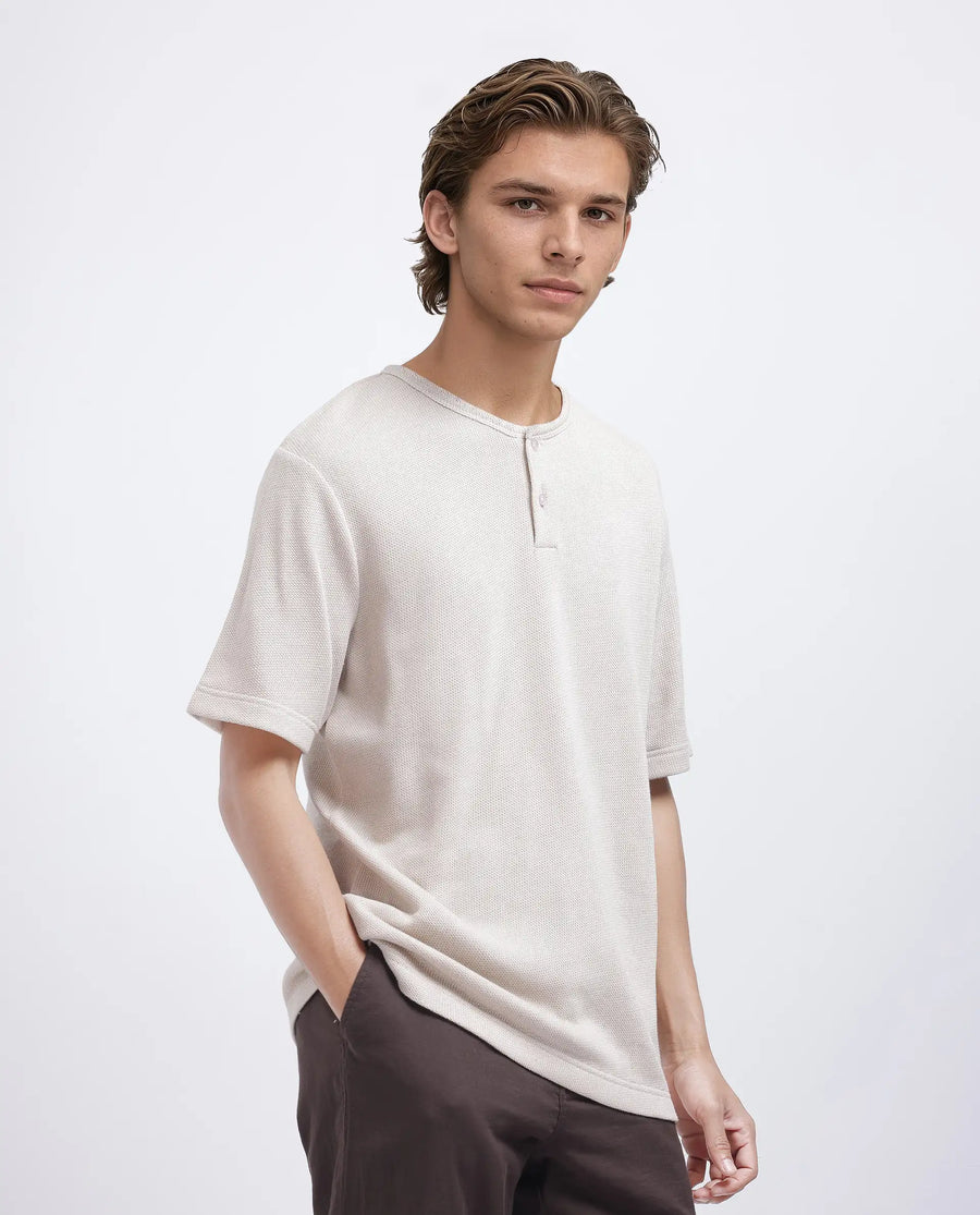 Rare Rabbit Men's Zeph Beige Polyester Blend Textured Boxy Fit Half Sleeve Henley Neck T-Shirt