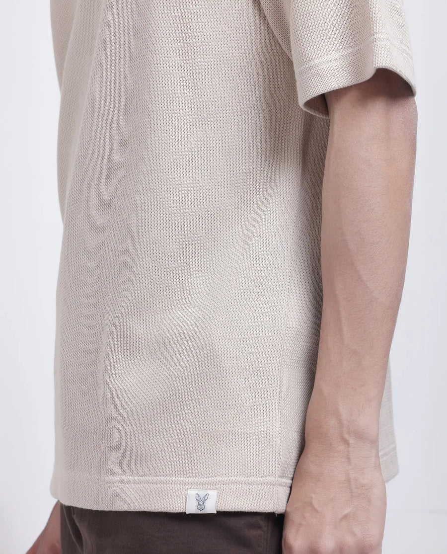 Rare Rabbit Men's Zeph Beige Polyester Blend Textured Boxy Fit Half Sleeve Henley Neck T-Shirt