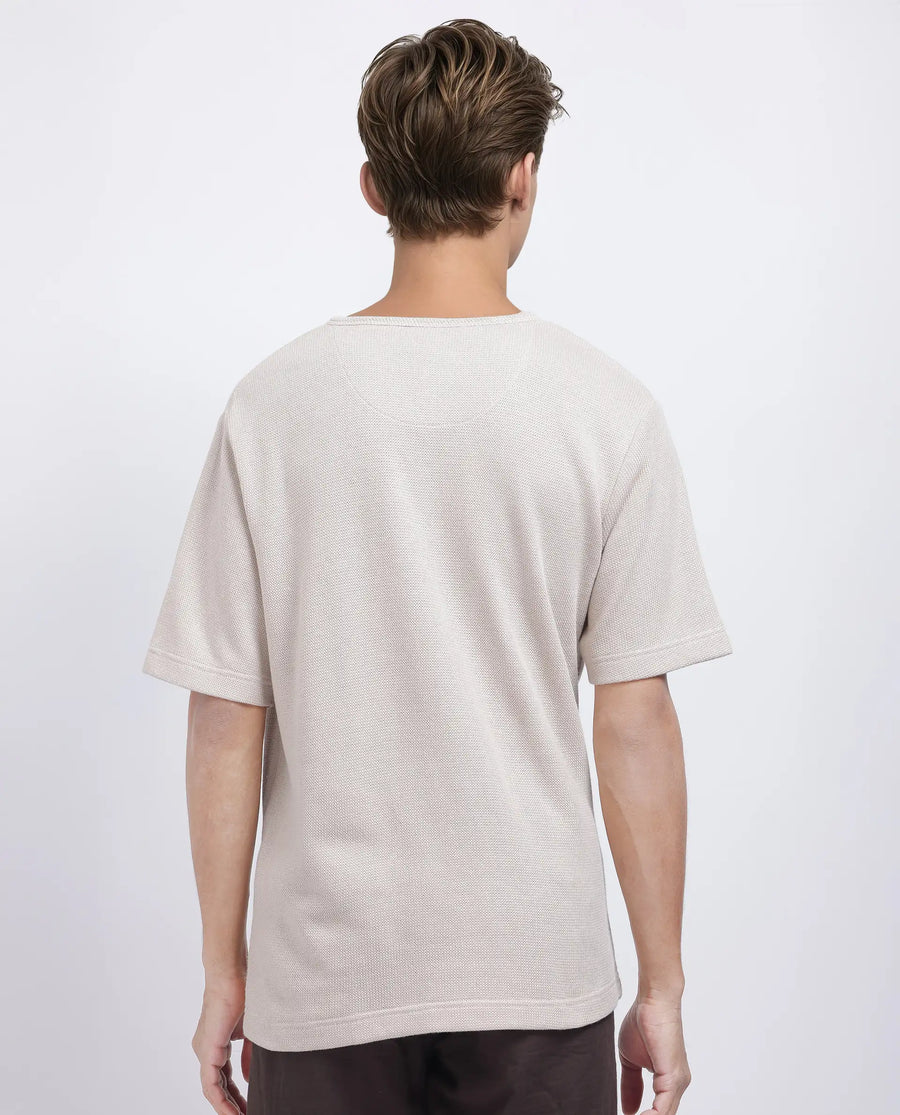 Rare Rabbit Men's Zeph Beige Polyester Blend Textured Boxy Fit Half Sleeve Henley Neck T-Shirt