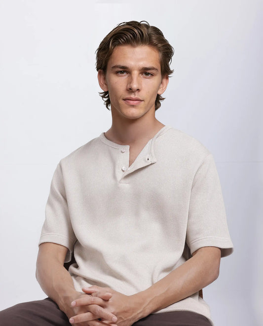 Rare Rabbit Men's Zeph Beige Polyester Blend Textured Boxy Fit Half Sleeve Henley Neck T-Shirt