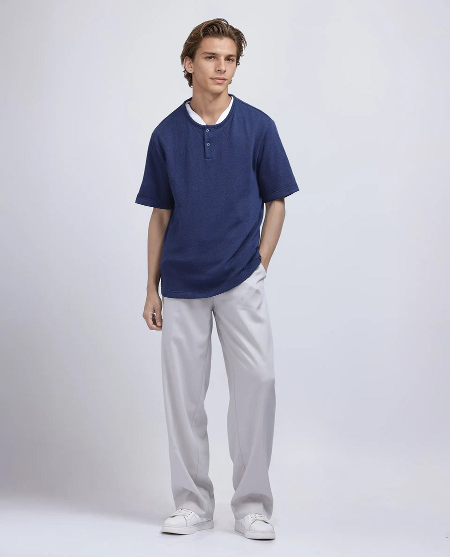 Rare Rabbit Men's Zeph Navy Polyester Blend Textured Boxy Fit Half Sleeve Henley Neck T-Shirt