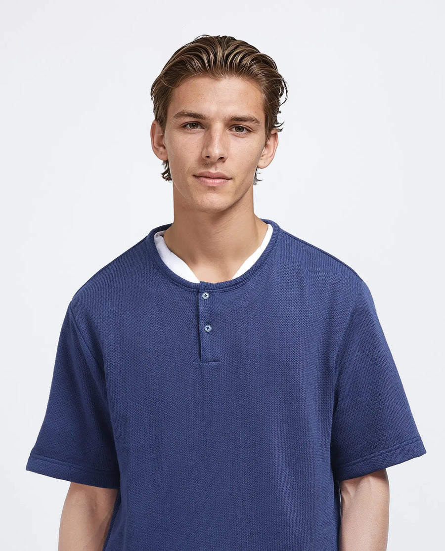 Rare Rabbit Men's Zeph Navy Polyester Blend Textured Boxy Fit Half Sleeve Henley Neck T-Shirt
