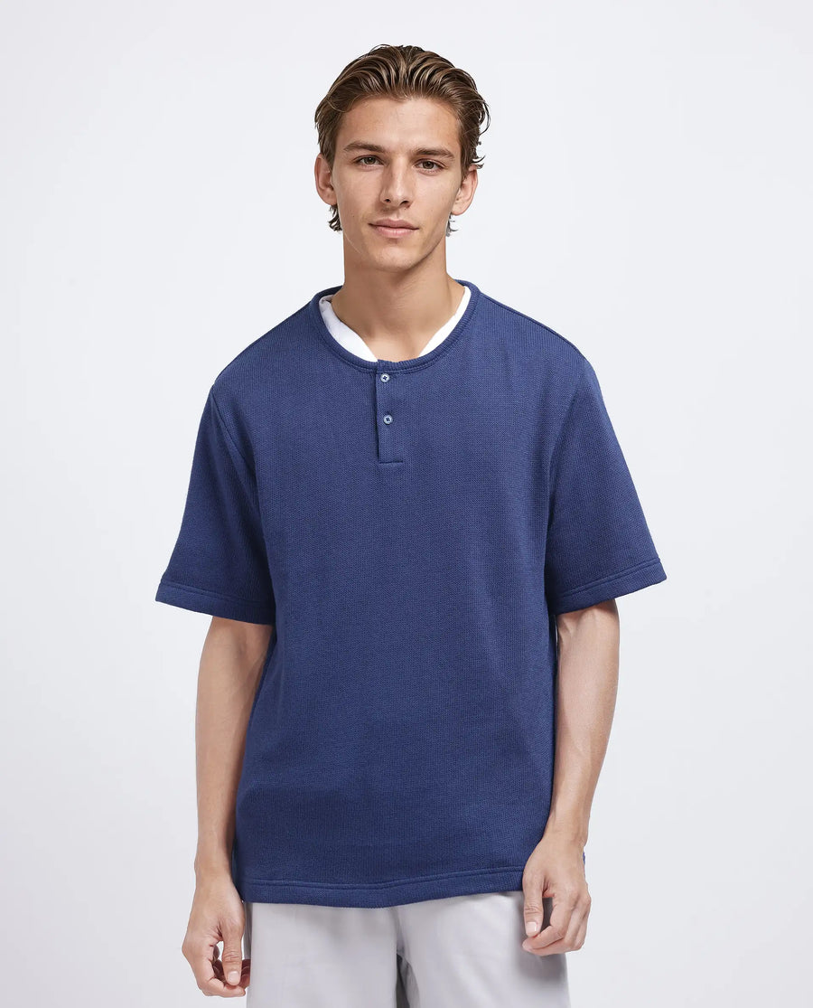 Rare Rabbit Men's Zeph Navy Polyester Blend Textured Boxy Fit Half Sleeve Henley Neck T-Shirt