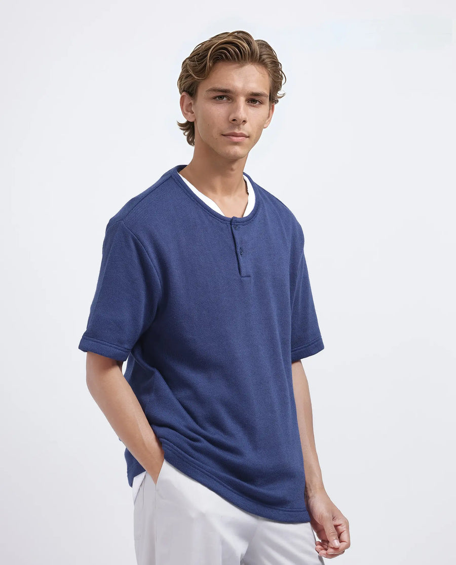 Rare Rabbit Men's Zeph Navy Polyester Blend Textured Boxy Fit Half Sleeve Henley Neck T-Shirt