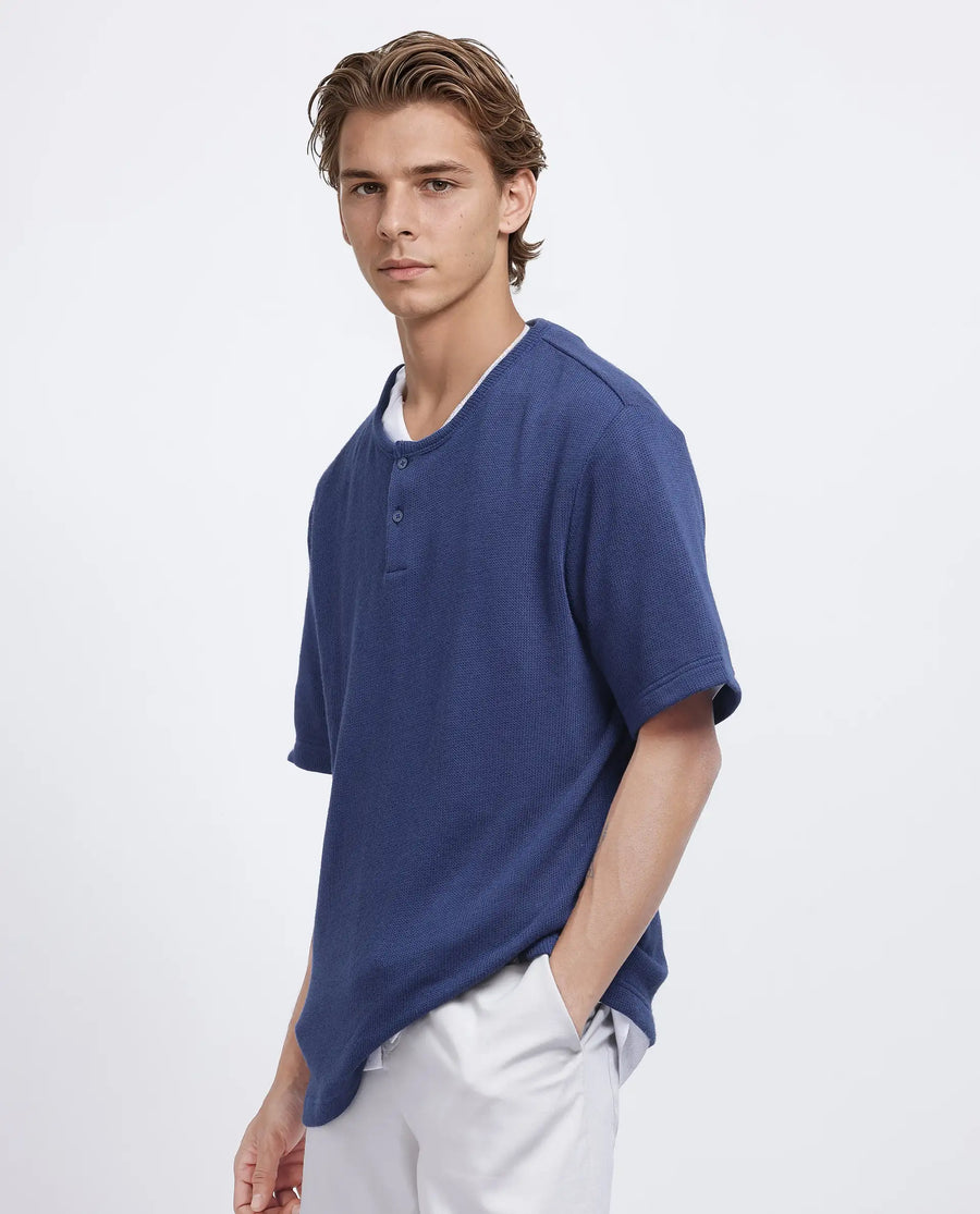 Rare Rabbit Men's Zeph Navy Polyester Blend Textured Boxy Fit Half Sleeve Henley Neck T-Shirt