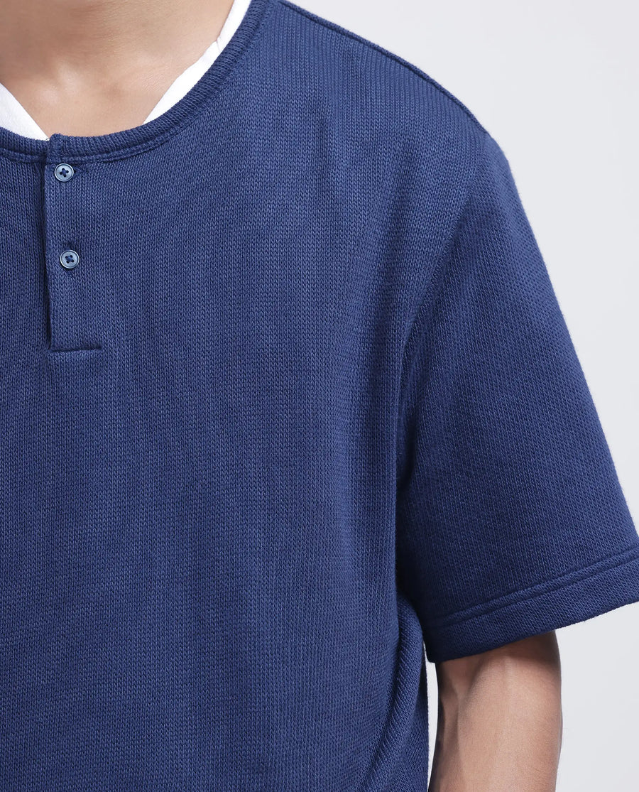 Rare Rabbit Men's Zeph Navy Polyester Blend Textured Boxy Fit Half Sleeve Henley Neck T-Shirt