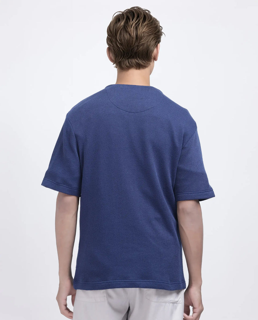 Rare Rabbit Men's Zeph Navy Polyester Blend Textured Boxy Fit Half Sleeve Henley Neck T-Shirt