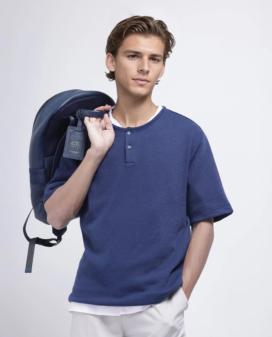 Rare Rabbit Men's Zeph Navy Polyester Blend Textured Boxy Fit Half Sleeve Henley Neck T-Shirt