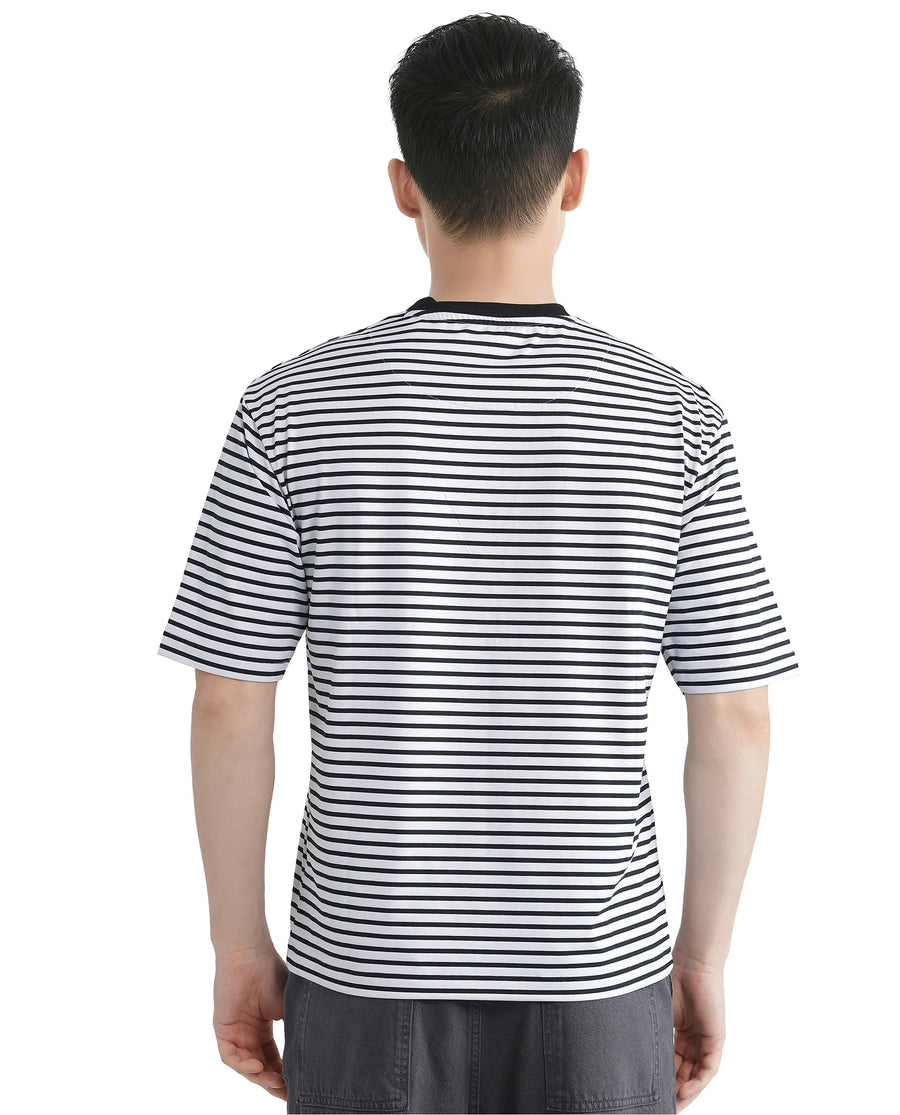 Rare Rabbit Men's Zeph White Cotton Striped Print Boxy Fit Half Sleeve Crew Neck T-Shirt