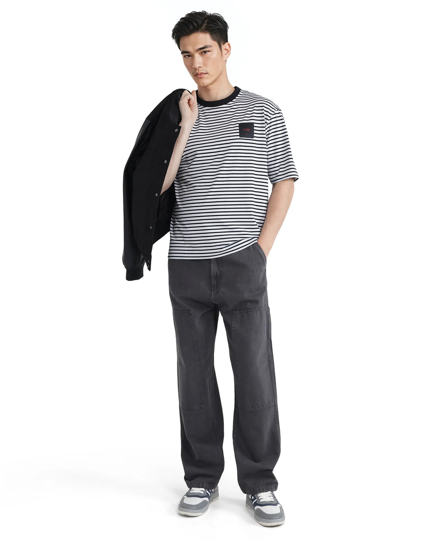 Rare Rabbit Men's Zeph White Cotton Striped Print Boxy Fit Half Sleeve Crew Neck T-Shirt
