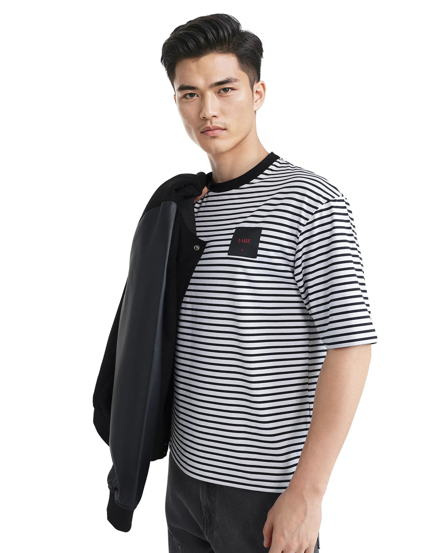Rare Rabbit Men's Zeph White Cotton Striped Print Boxy Fit Half Sleeve Crew Neck T-Shirt