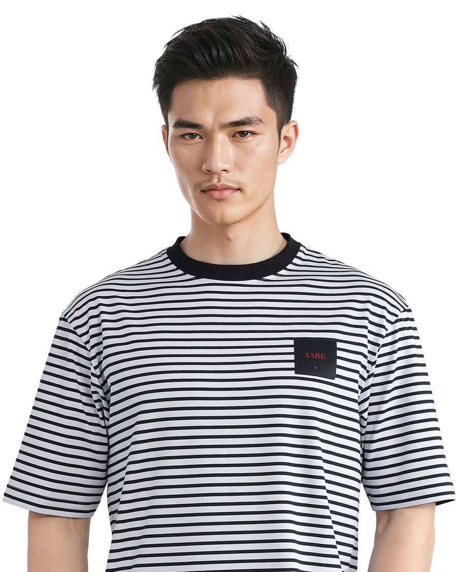 Rare Rabbit Men's Zeph White Cotton Striped Print Boxy Fit Half Sleeve Crew Neck T-Shirt