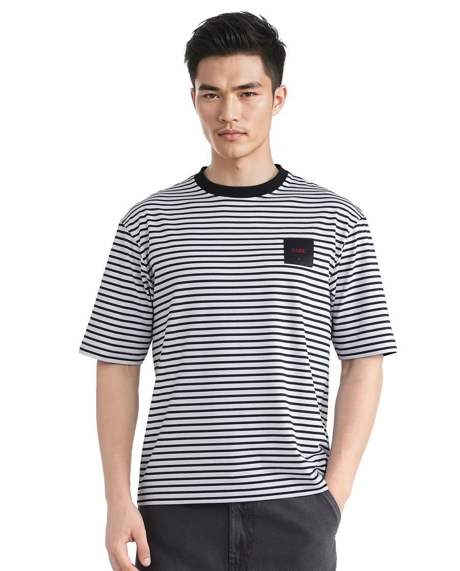 Rare Rabbit Men's Zeph White Cotton Striped Print Boxy Fit Half Sleeve Crew Neck T-Shirt