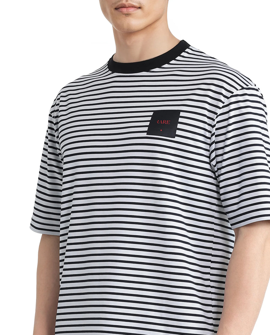 Rare Rabbit Men's Zeph White Cotton Striped Print Boxy Fit Half Sleeve Crew Neck T-Shirt