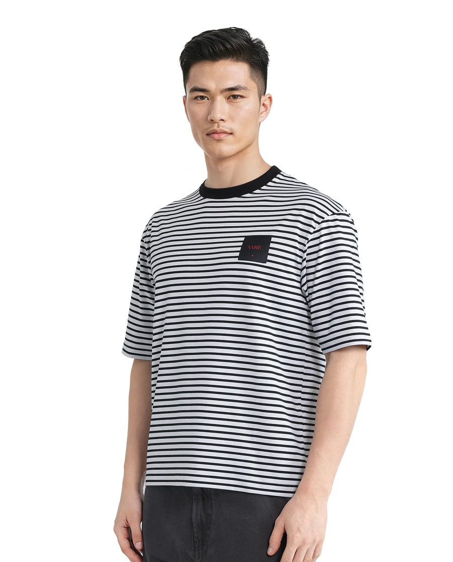 Rare Rabbit Men's Zeph White Cotton Striped Print Boxy Fit Half Sleeve Crew Neck T-Shirt
