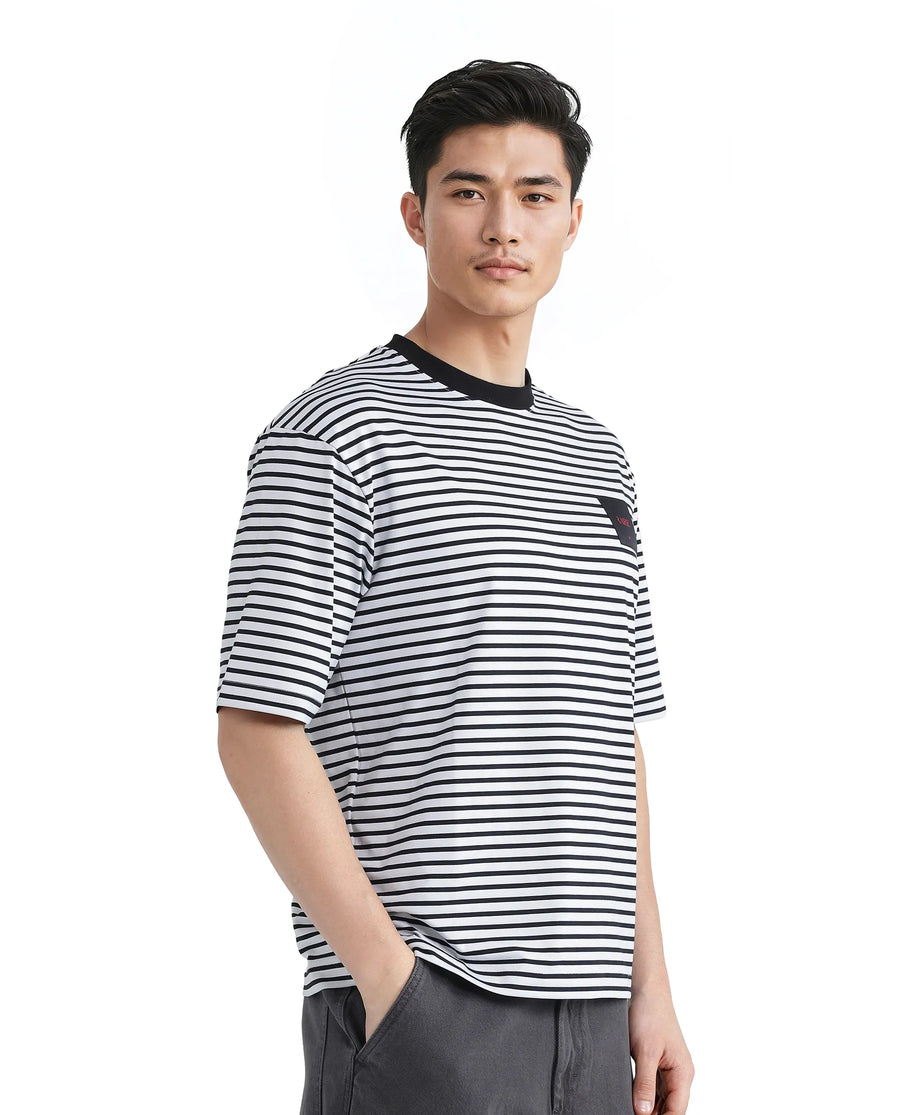 Rare Rabbit Men's Zeph White Cotton Striped Print Boxy Fit Half Sleeve Crew Neck T-Shirt
