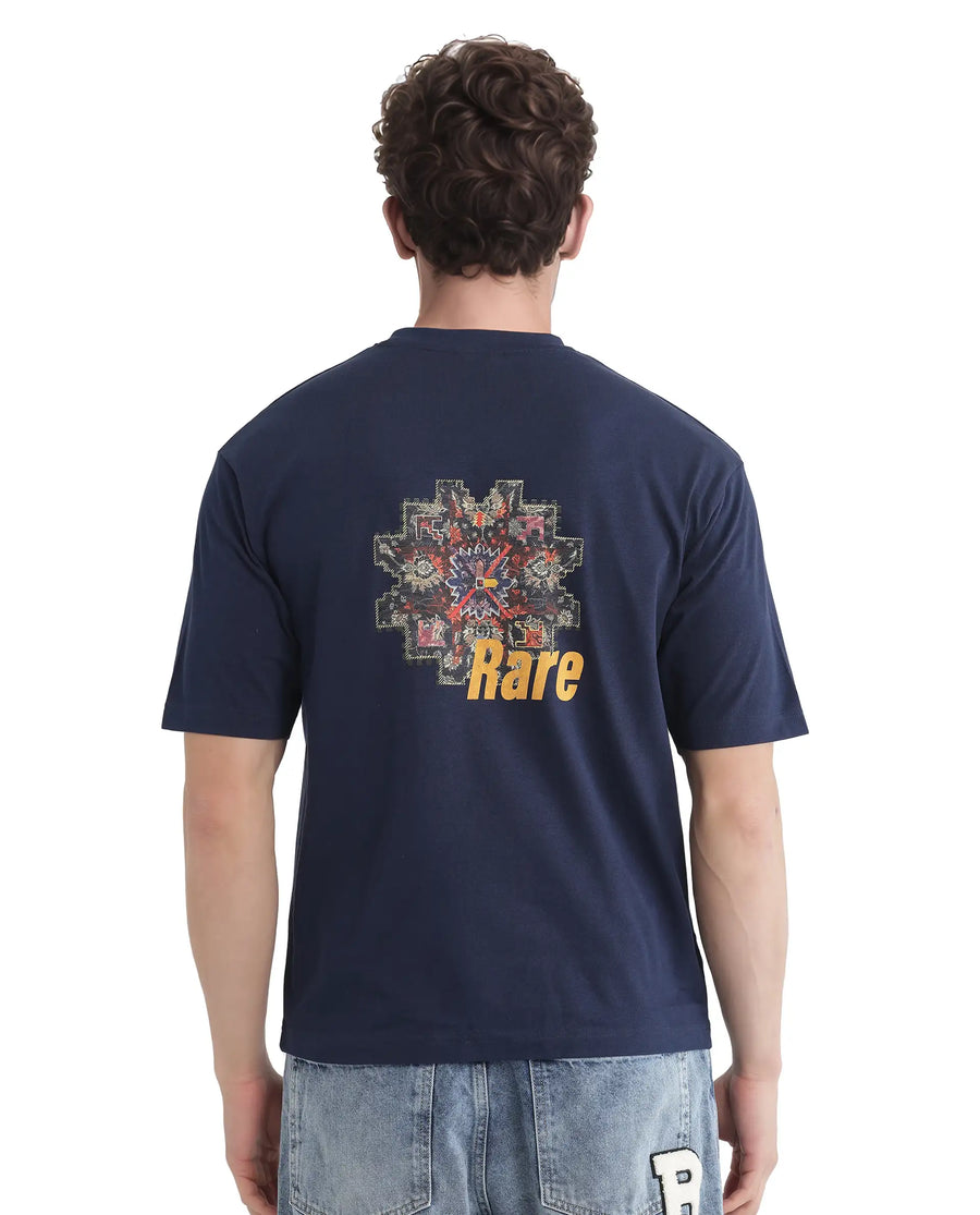 Rare Rabbit Men's Zera Navy Cotton Graphic Print Oversized Fit Half Sleeve Crew Neck T-Shirt