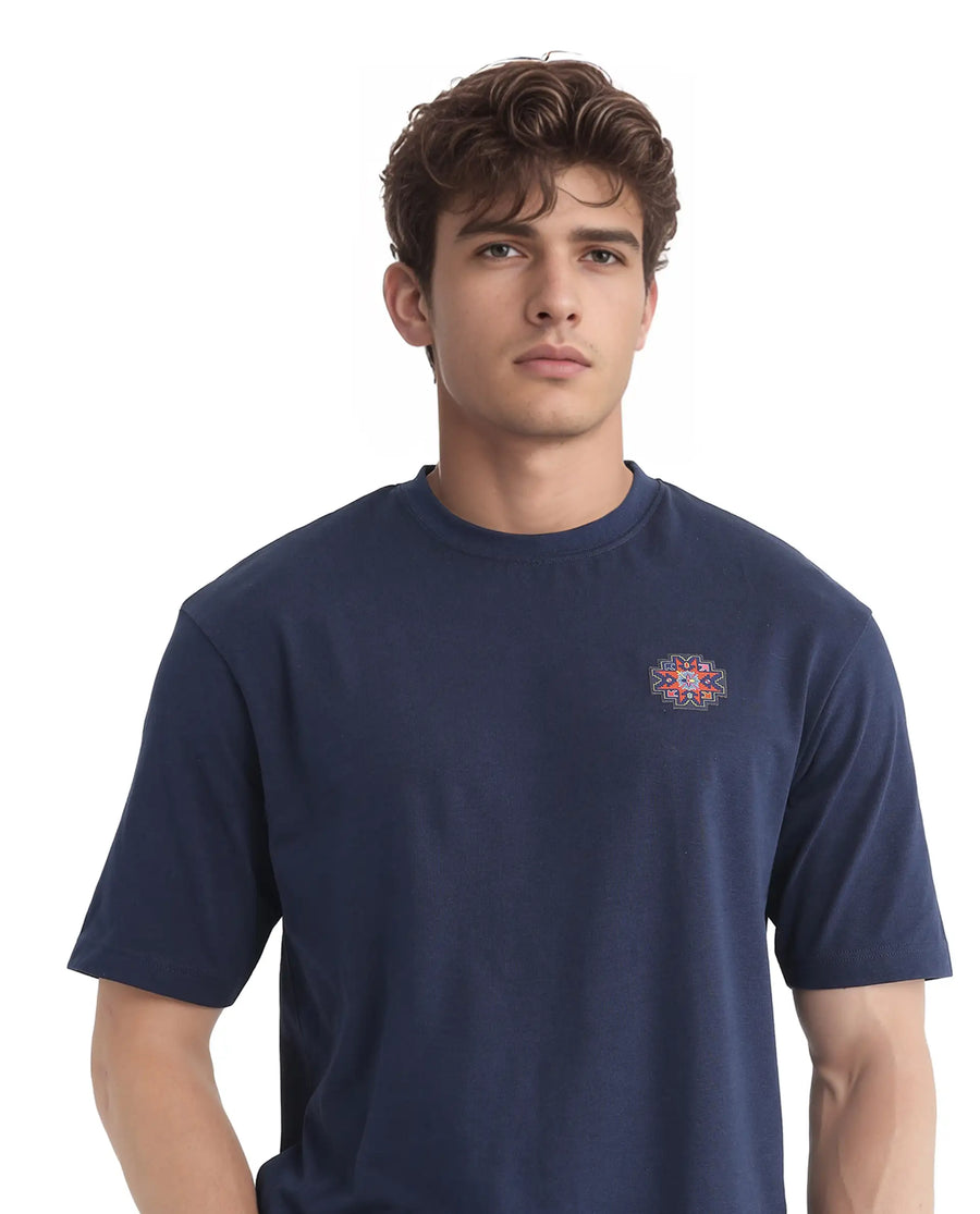 Rare Rabbit Men's Zera Navy Cotton Graphic Print Oversized Fit Half Sleeve Crew Neck T-Shirt