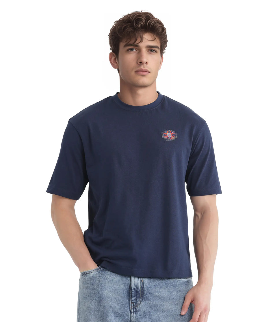 Rare Rabbit Men's Zera Navy Cotton Graphic Print Oversized Fit Half Sleeve Crew Neck T-Shirt