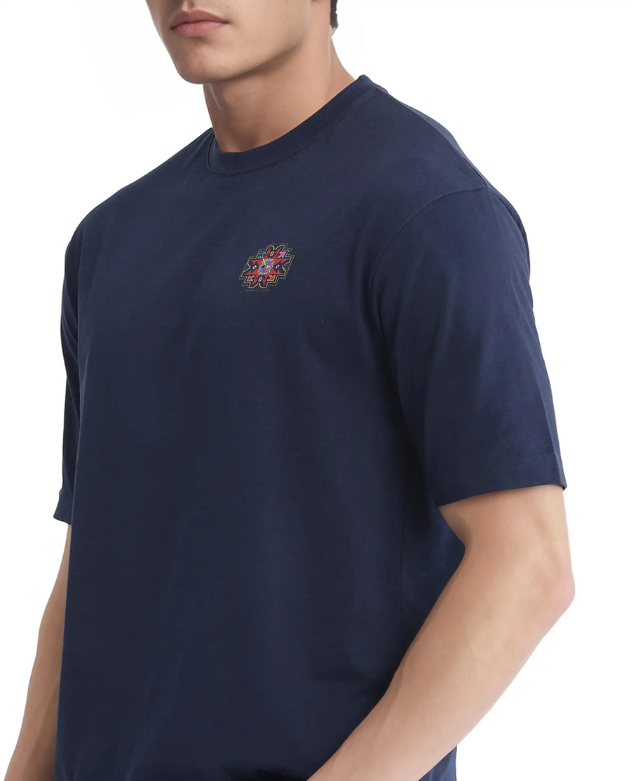 Rare Rabbit Men's Zera Navy Cotton Graphic Print Oversized Fit Half Sleeve Crew Neck T-Shirt