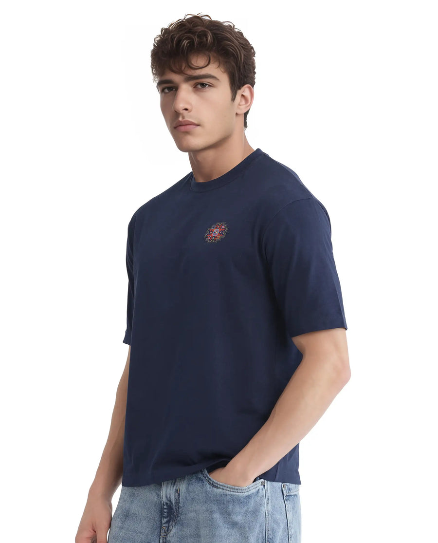 Rare Rabbit Men's Zera Navy Cotton Graphic Print Oversized Fit Half Sleeve Crew Neck T-Shirt