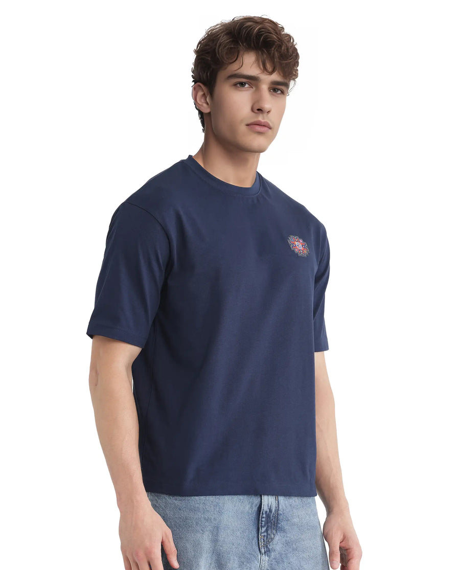 Rare Rabbit Men's Zera Navy Cotton Graphic Print Oversized Fit Half Sleeve Crew Neck T-Shirt