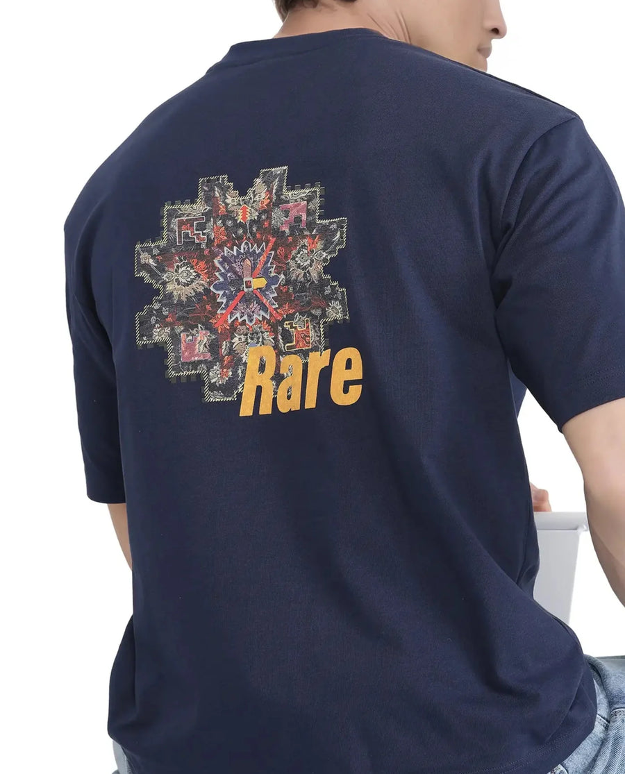 Rare Rabbit Men's Zera Navy Cotton Graphic Print Oversized Fit Half Sleeve Crew Neck T-Shirt