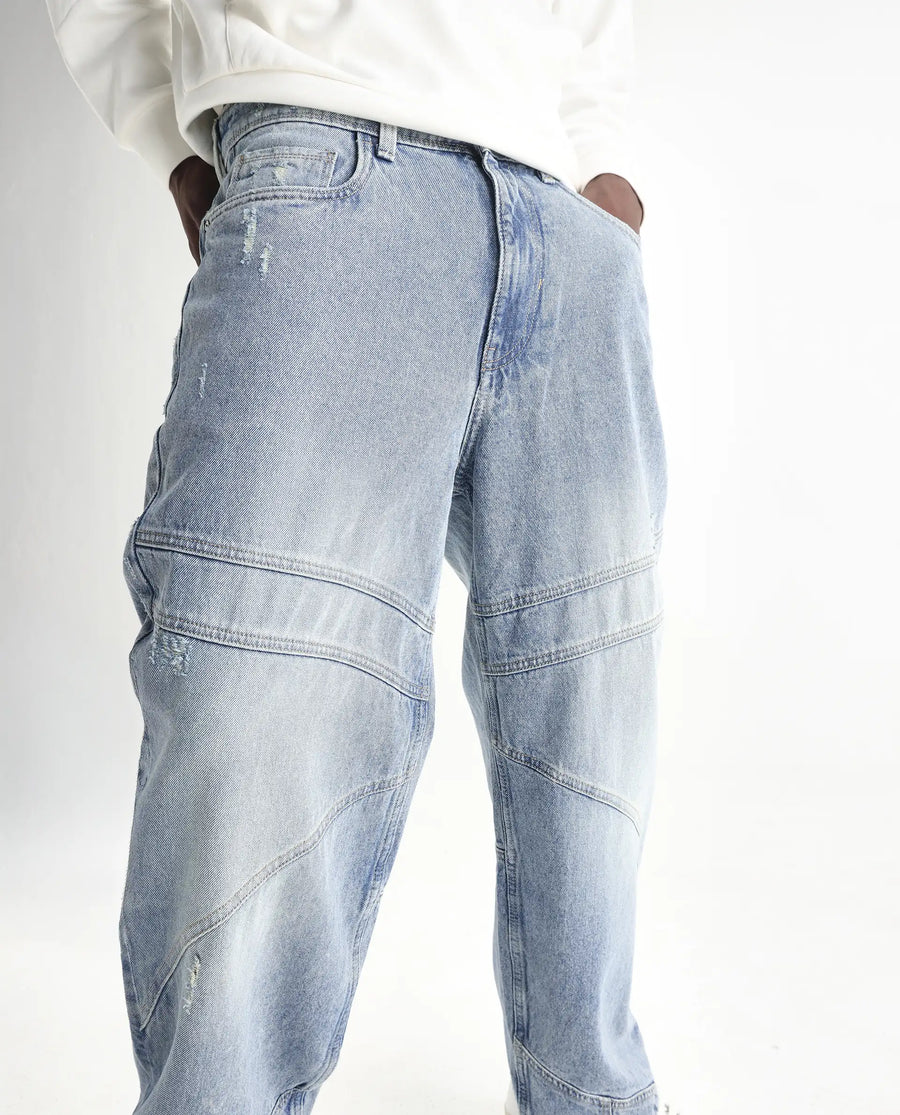 Rare Rabbit Men's Zeret Pastel Blue Cotton Plain Baggy Fit Jeans