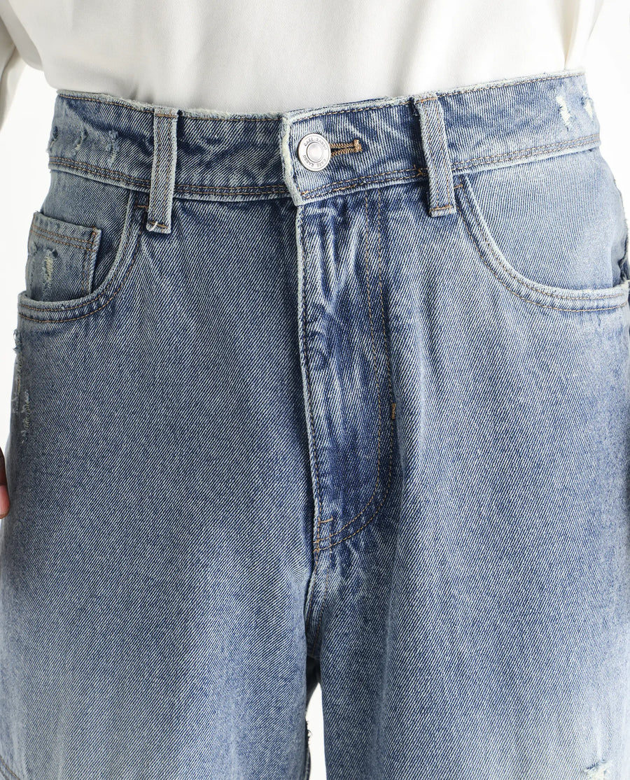 Rare Rabbit Men's Zeret Pastel Blue Cotton Plain Baggy Fit Jeans