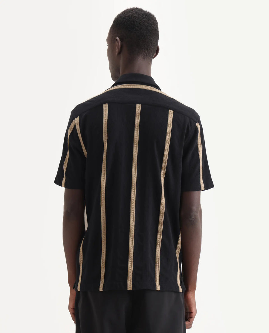 Rare Rabbit Men's Zeti Black Polyester Blend Fabric Half Sleeve Relaxed Fit Striped Shirt