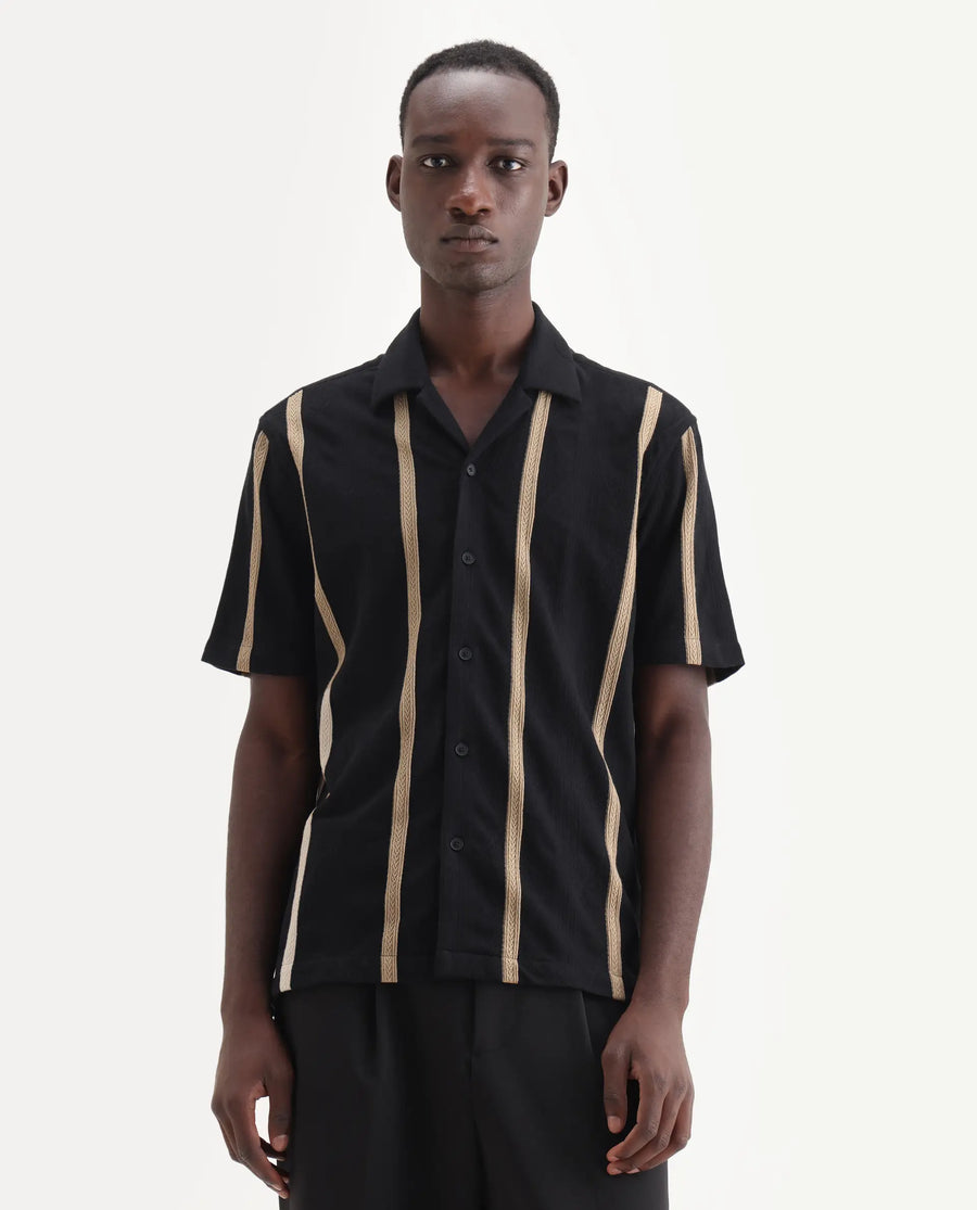 Rare Rabbit Men's Zeti Black Polyester Blend Fabric Half Sleeve Relaxed Fit Striped Shirt