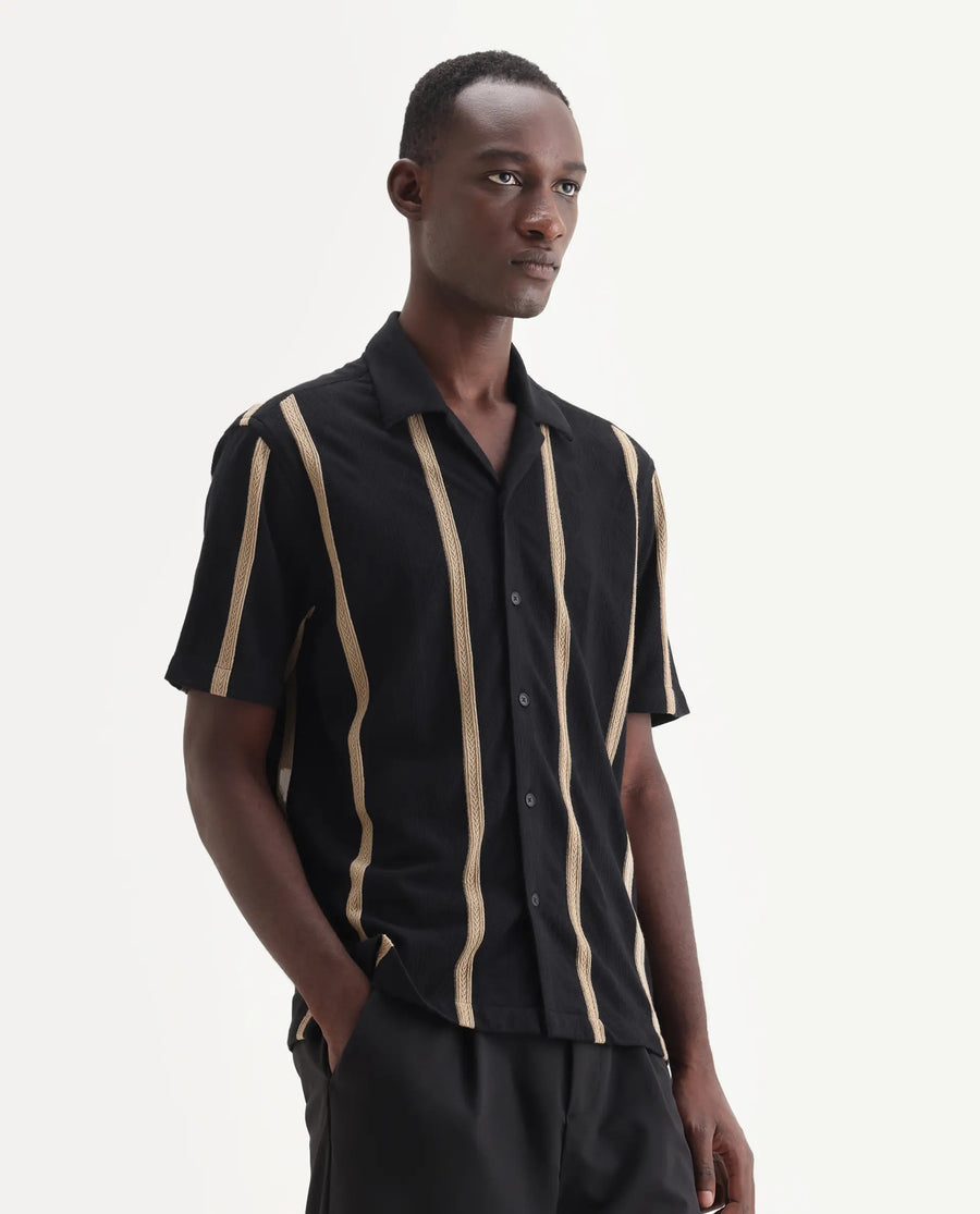 Rare Rabbit Men's Zeti Black Polyester Blend Fabric Half Sleeve Relaxed Fit Striped Shirt