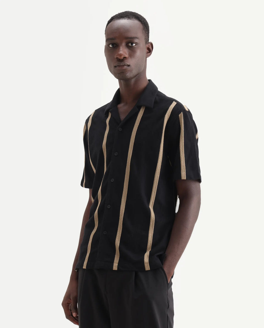 Rare Rabbit Men's Zeti Black Polyester Blend Fabric Half Sleeve Relaxed Fit Striped Shirt