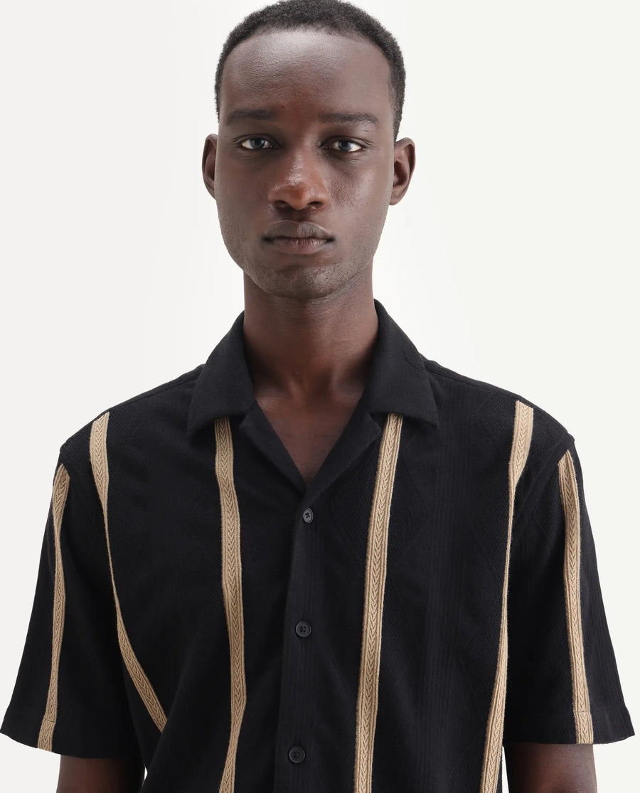 Rare Rabbit Men's Zeti Black Polyester Blend Fabric Half Sleeve Relaxed Fit Striped Shirt