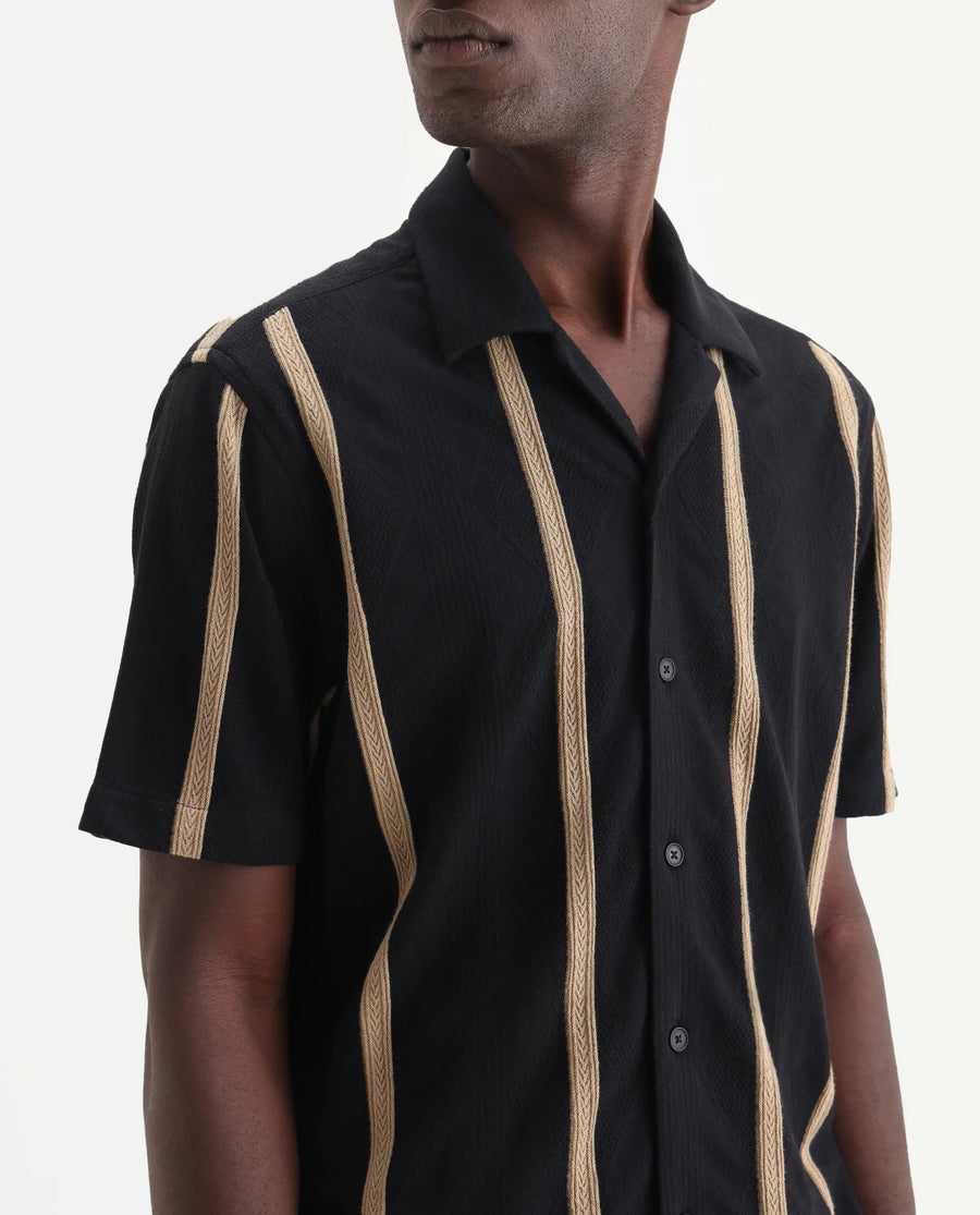 Rare Rabbit Men's Zeti Black Polyester Blend Fabric Half Sleeve Relaxed Fit Striped Shirt