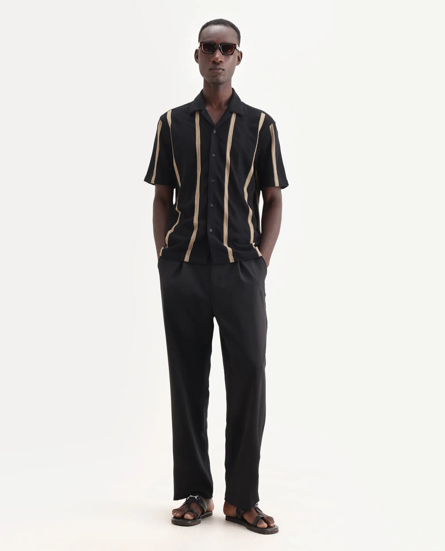 Rare Rabbit Men's Zeti Black Polyester Blend Fabric Half Sleeve Relaxed Fit Striped Shirt