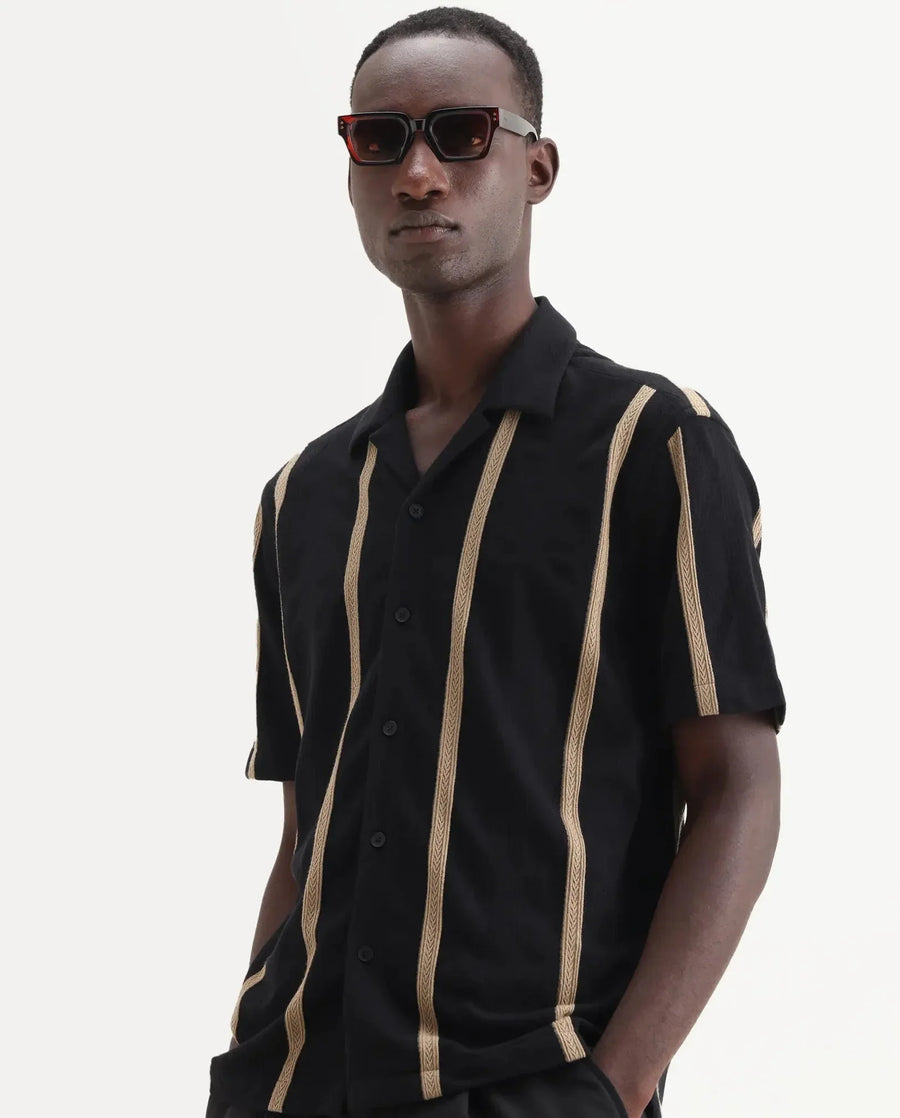 Rare Rabbit Men's Zeti Black Polyester Blend Fabric Half Sleeve Relaxed Fit Striped Shirt