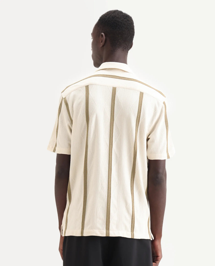 Rare Rabbit Men's Zeti Off White Polyester Blend Fabric Half Sleeve Relaxed Fit Striped Shirt