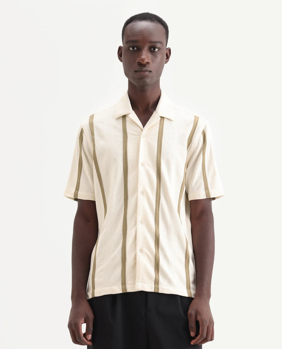 Rare Rabbit Men's Zeti Off White Polyester Blend Fabric Half Sleeve Relaxed Fit Striped Shirt