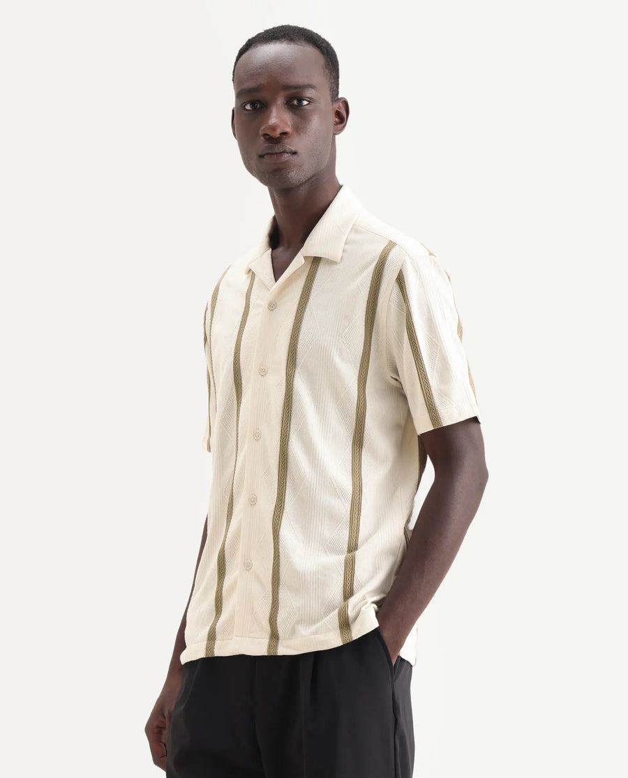 Rare Rabbit Men's Zeti Off White Polyester Blend Fabric Half Sleeve Relaxed Fit Striped Shirt