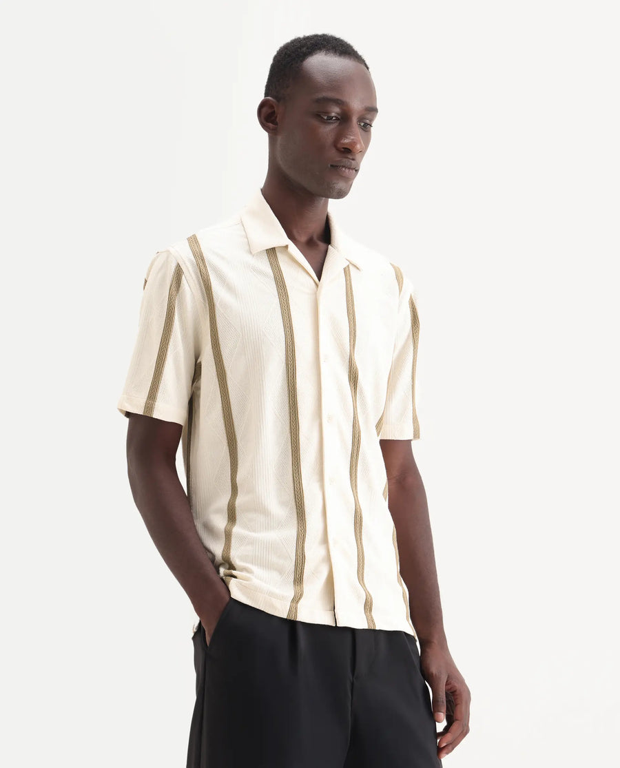 Rare Rabbit Men's Zeti Off White Polyester Blend Fabric Half Sleeve Relaxed Fit Striped Shirt