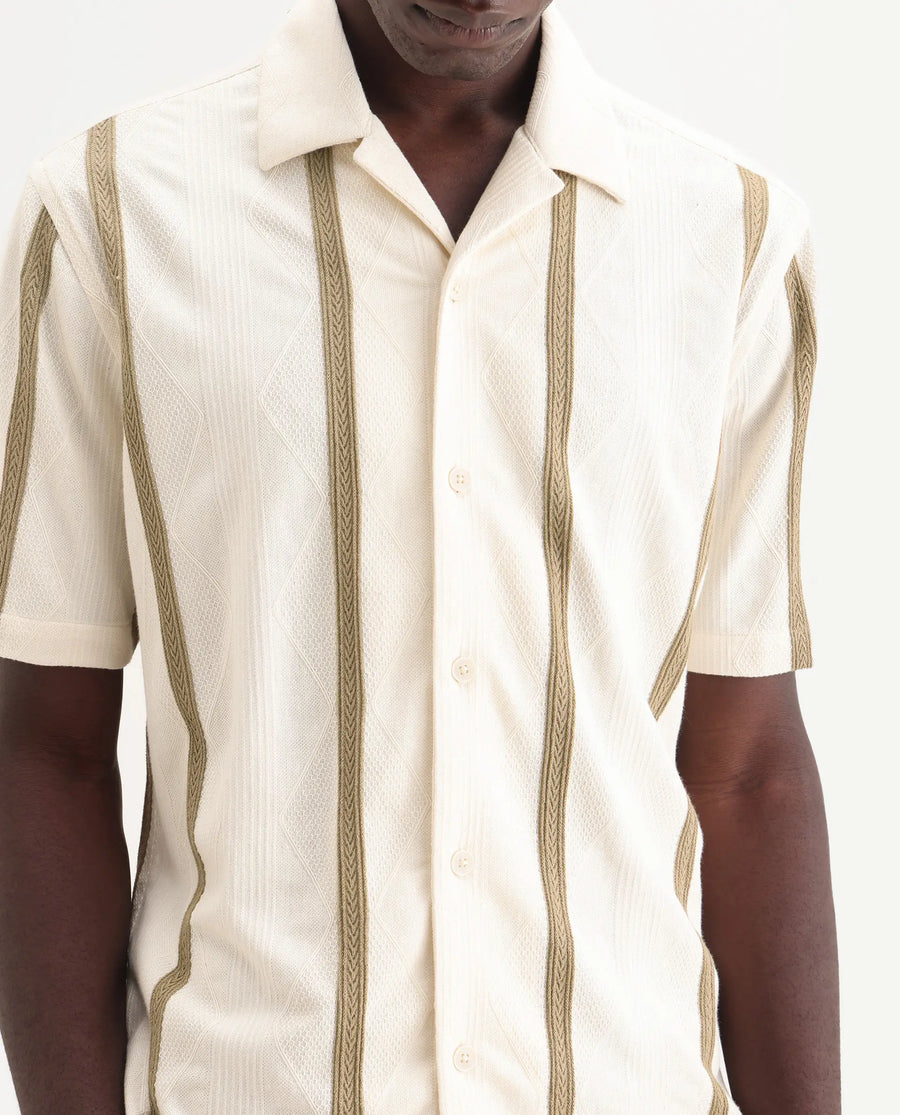 Rare Rabbit Men's Zeti Off White Polyester Blend Fabric Half Sleeve Relaxed Fit Striped Shirt