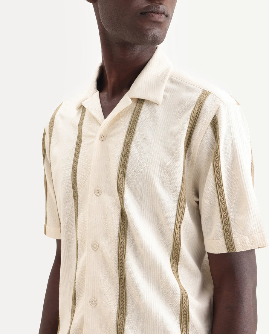 Rare Rabbit Men's Zeti Off White Polyester Blend Fabric Half Sleeve Relaxed Fit Striped Shirt